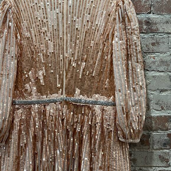 NEW Mac Duggal Sequined Wrap Over 3/4 Sleeve Gown in Apricot Size 18 - Picture 11 of 12